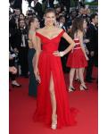 Red Off Shoulder Slim Fitted Bodice Long Split Chiffon Red Prom Dress 