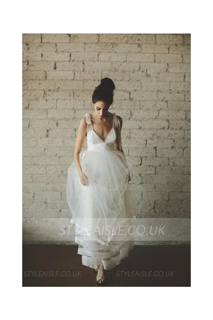 Shoulder Straps V Neck A-line Tiered Stripped Tulle Wedding Dress 