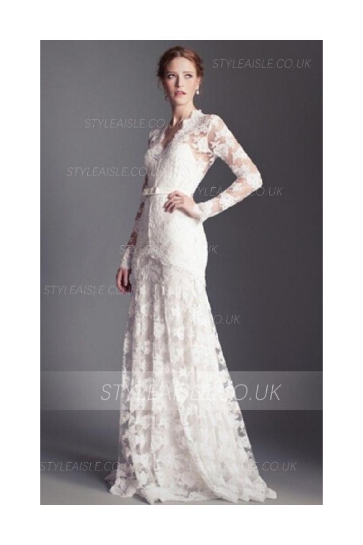 Long Sleeve V Neck Lace Patterns A-line Wedding Dress 