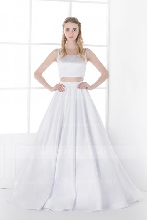 Modern Two Piece A-line Spaghetti Straps A-line White Satin Simple Wedding Dress