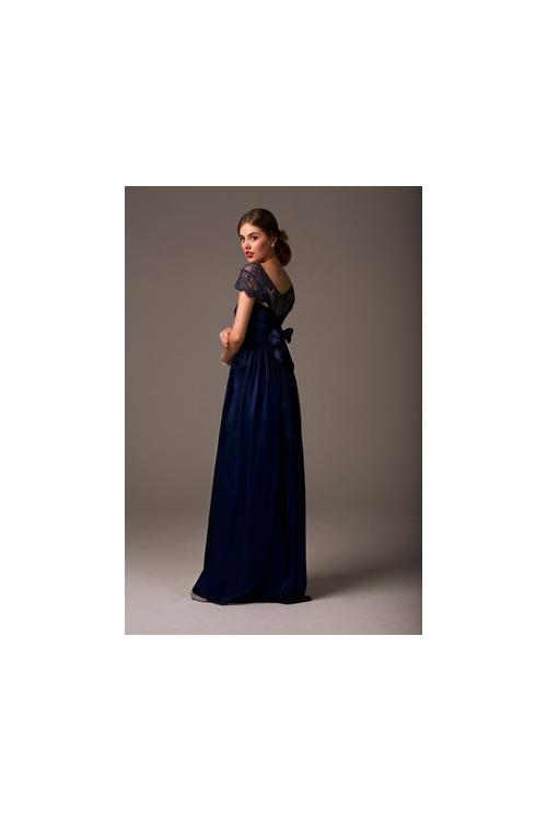 Modest Bateau Neck Lace Bodice Sheath Long Chiffon Bridesmaid Dress 