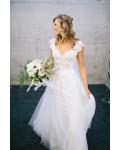 Short Sleeved V Neck Lace Bodice A-line Tulle Wedding Dress with Bow Ribbon