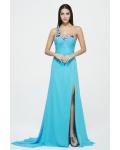 Sleeveless One Shoulder Split Long Blue Chiffon Simple Junior Prom Dress 