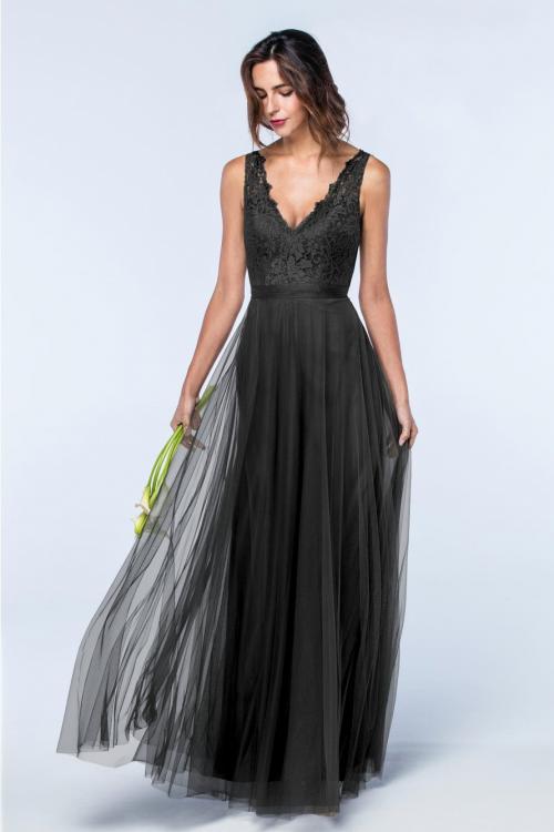  A-line V-neck Sleeveless Lace Top Floor-length Long Tulle Bridesmaid Dressess