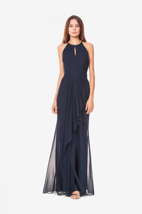 Sleeveless Halter Neck A-line Long Navy Blue Chiffon Bridesmaid Dress