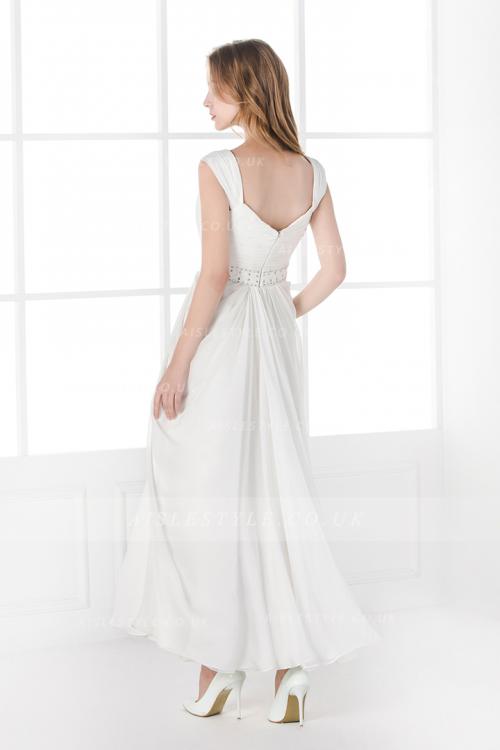 Shoulder Straps Beading A-line Tea Length Ivory Chiffon Civil Wedding Dress