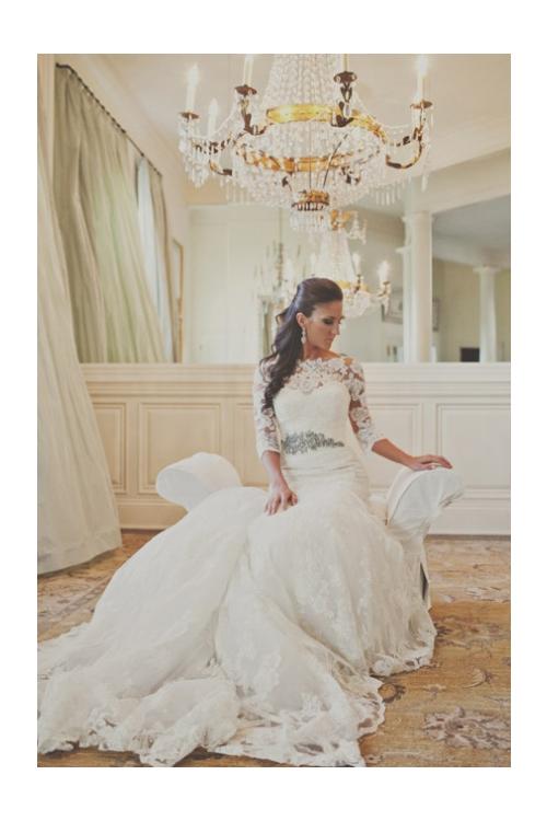 3/4 Long Sleeved Bateau Neck Mermaid Lace Wedding Dress