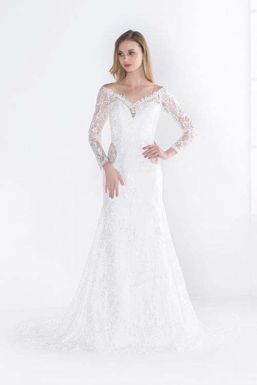 White V Neck A-line Long Sleeve Lace Wedding Dress 