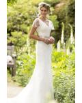 Beautiful V Neck Lace Embroidered Beaded Cap Sleeve Sheath Stretch Satin Wedding Dress with Crystal Ribbbon 