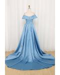  Ball Gown Off-the-shoulder Short Sleeve Ruching Court Train Long Satin Prom Dresses