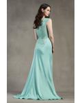 Sleeveless Illusion Neck Lace Appliques Sheath Long Satin Chiffon Prom Dress 