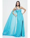 Sleeveless One Shoulder Split Long Blue Chiffon Simple Junior Prom Dress 
