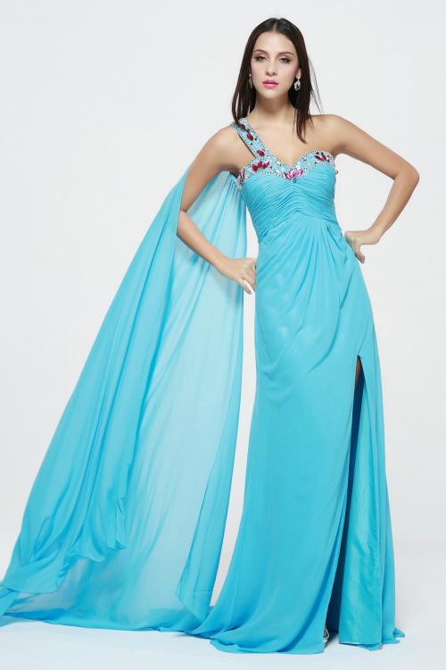 Sleeveless One Shoulder Split Long Blue Chiffon Simple Junior Prom Dress 