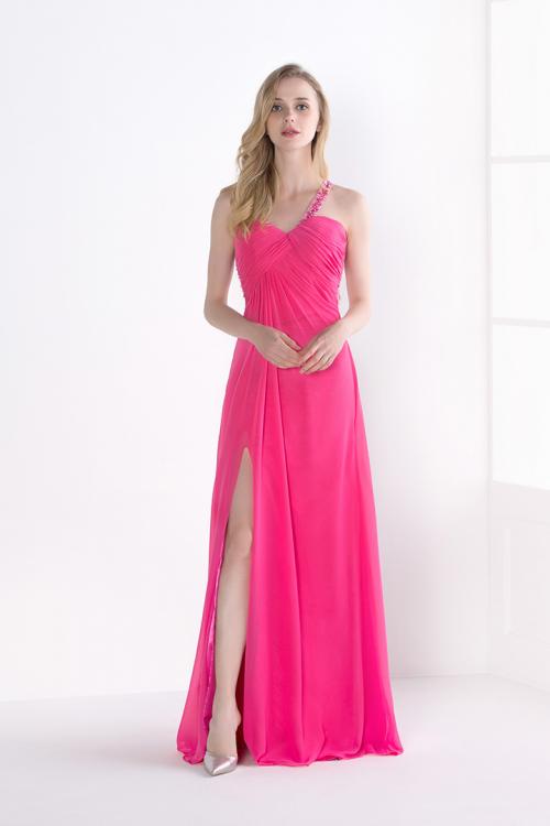 Beading One Shoulder Split Rose Chiffon Sexy Prom Dress