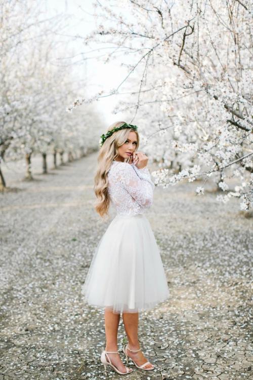  Two Piece A-line Long Sleeves Lace Knee length Short Wedding Dresses with Tulle Underskirt