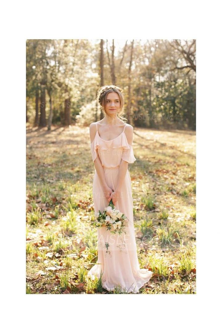 Vintage Blush Long Spaghetti Straps Chiffon Rustic Bridesamid Dress 