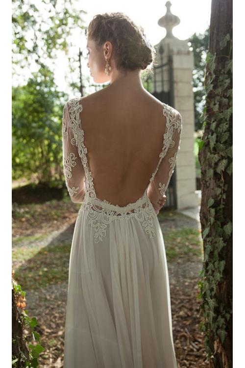 Long Sleeves See-through Lace Bodice Column Backless Chiffon Wedding Dress 