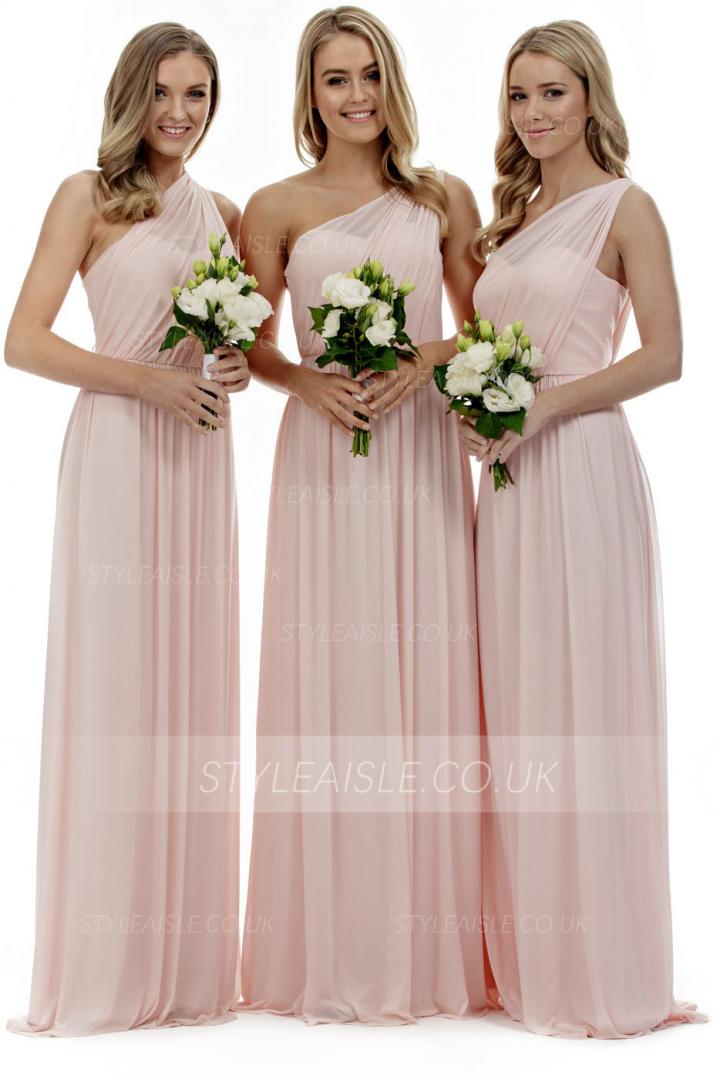  A-line One Shoulder Sleeveless Pleated Long Chiffon Bridesmaid Dress 