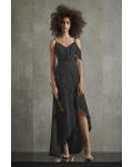  A-line Spaghetti Straps One Sleeve Ruffles Split Asymmetrical/High Low Long Chiffon Bridesmaid Dresses with Ribbon