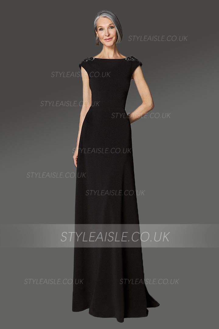 Designer Sheath/Column Bateau Neck Cap Sleeves Beading Sweep/Brush Train Long Cocktail Dresses with V-back