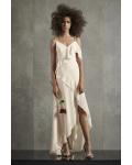  A-line Spaghetti Straps One Sleeve Ruffles Split Asymmetrical/High Low Long Chiffon Bridesmaid Dresses with Ribbon