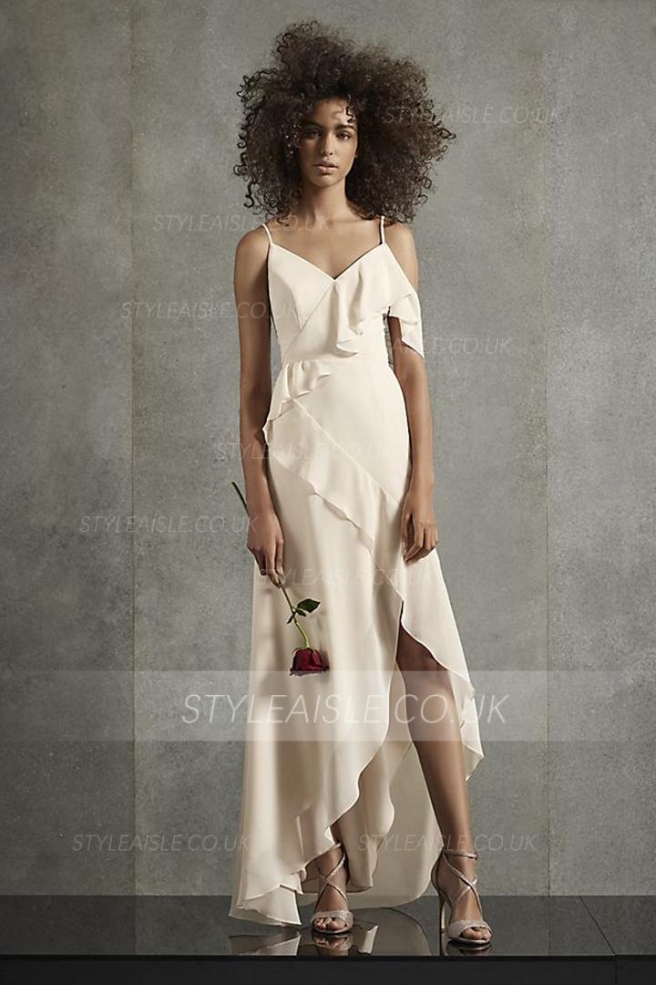  A-line Spaghetti Straps One Sleeve Ruffles Split Asymmetrical/High Low Long Chiffon Bridesmaid Dresses with Ribbon