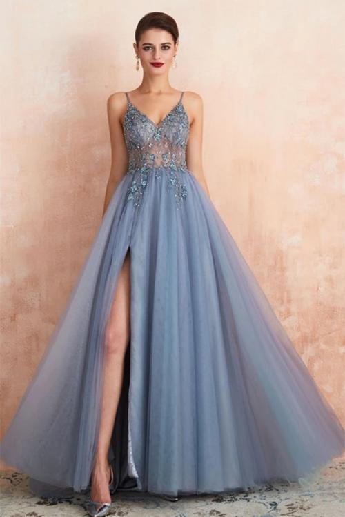  A-line V-neck Sleeveless Beading Split Floor-length Long Tulle Prom Dress