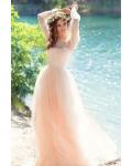 Vintage Long Sleeve Lace Bodice Blush Tulle Beach Wedding Dress
