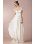 Beach Short Sleeved V Neck Lace Appliqued Crystal Detailing A-line Chiffon Wedding Dress 