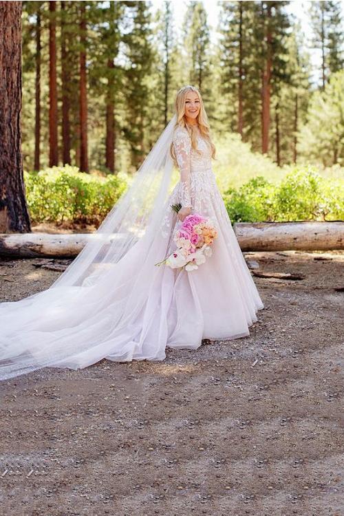 Pale Pink Color Long Sleeves Floral Lace overlay Tulle Beach Wedding Dress 