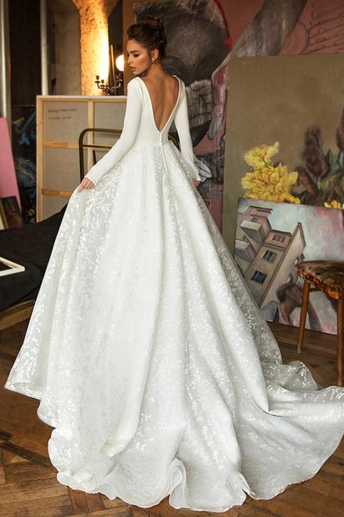 Elegant A-line Deep V-neck Long Sleeve Lace Court Train Long Satin Wedding Dresses