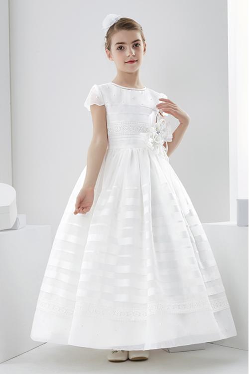  Jewel Neck Short Sleeve Lace Pearl Detailing Floor-length Long Organza Communion Dresses