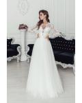 Classic V-neck Long Illusion Sleeve Lace Top Floor-length A-line Long Tulle Wedding Dresses with Buttons Back