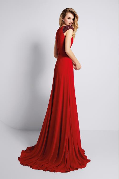 Sequins V Neck A-line Red Chiffon Prom Dress with Cap Sleeves