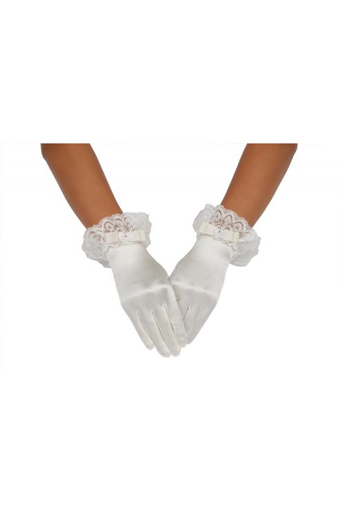 Ivory Full Short Bow-knot Lace Trimmed Girls Gloves 2BL