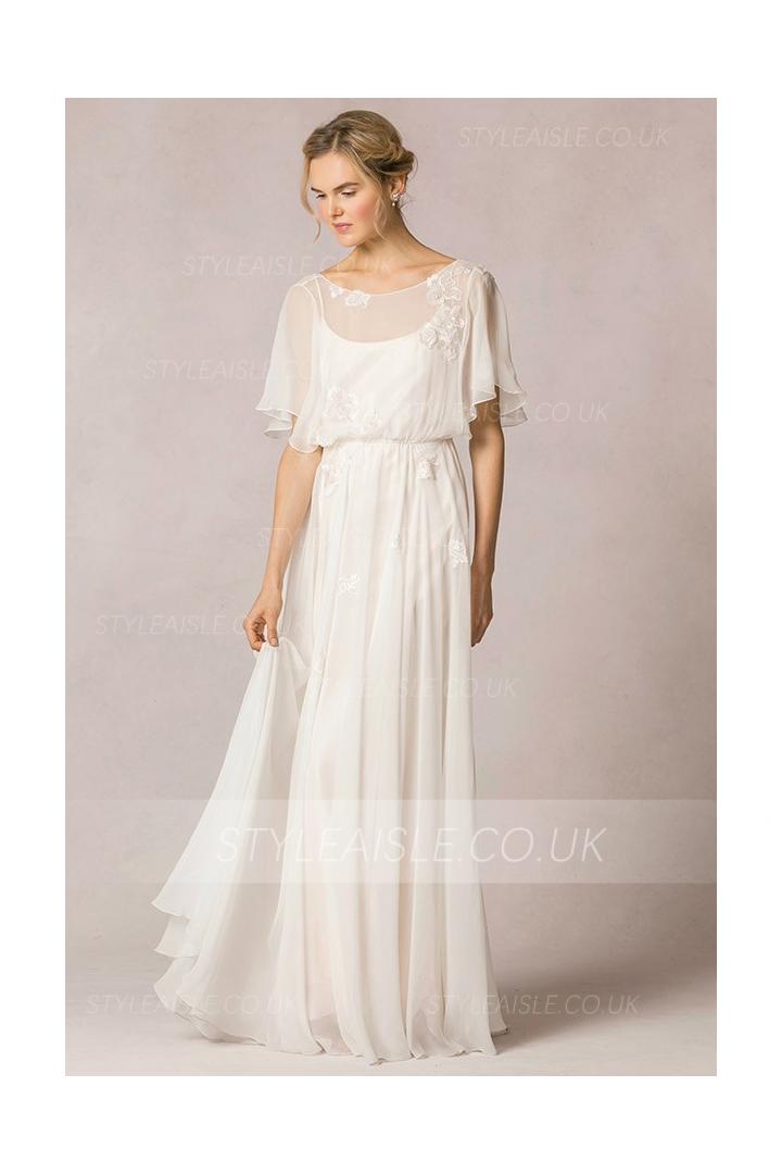 Casual Flutter Sleeved Lace Decorated Chiffon Vintage Wedding Dress 