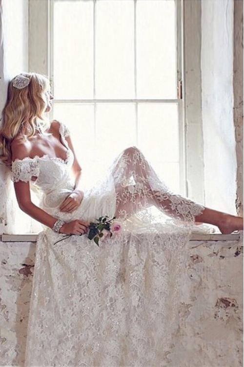 Charming Off the Shoulder Sheath Long Lace Wedding Dress 