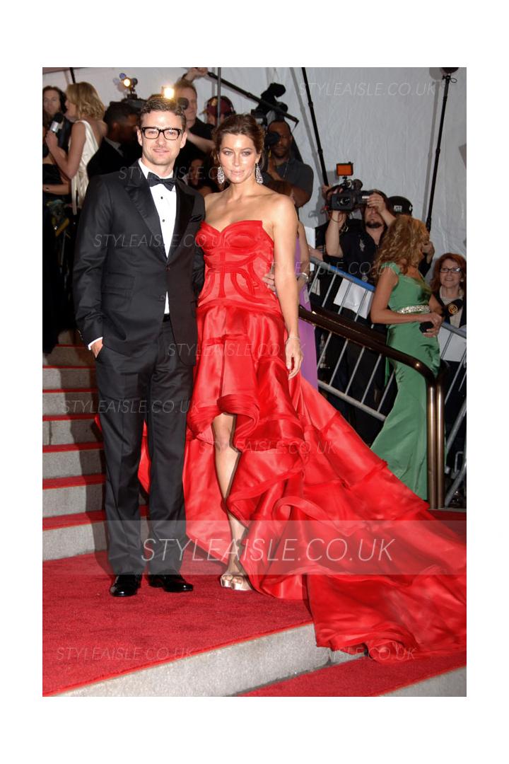 2009 Met Ball Red Carpet Red High Low Ruffles Prom Dress 