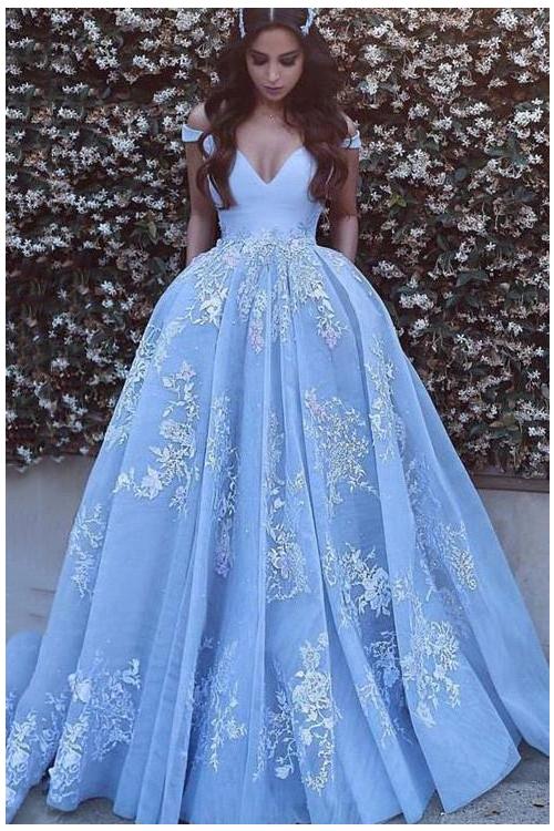 Off Shoulder Ball Gown Arabic Prom Dress Lace Appliques 