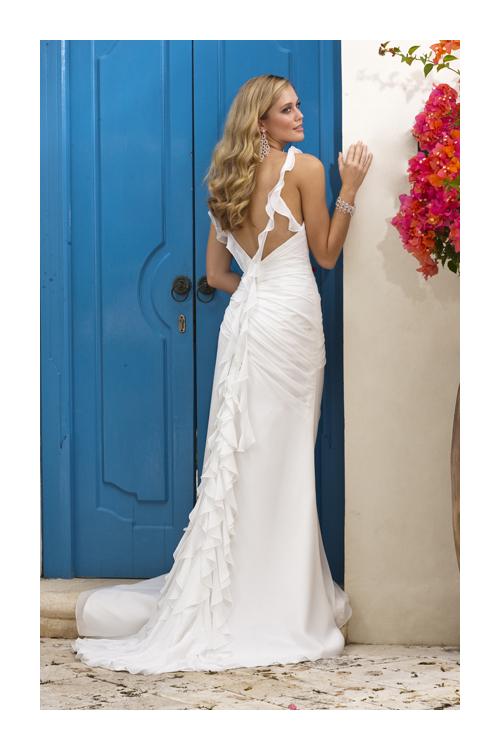 Elegant A-line Spaghetti Straps Beading Cascading Ruffles Sweep/Brush Train Chiffon Wedding Dresses 