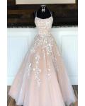  Elegant A-line Sleeveless Lace Appliques Floor-length Long Tulle Prom Dress