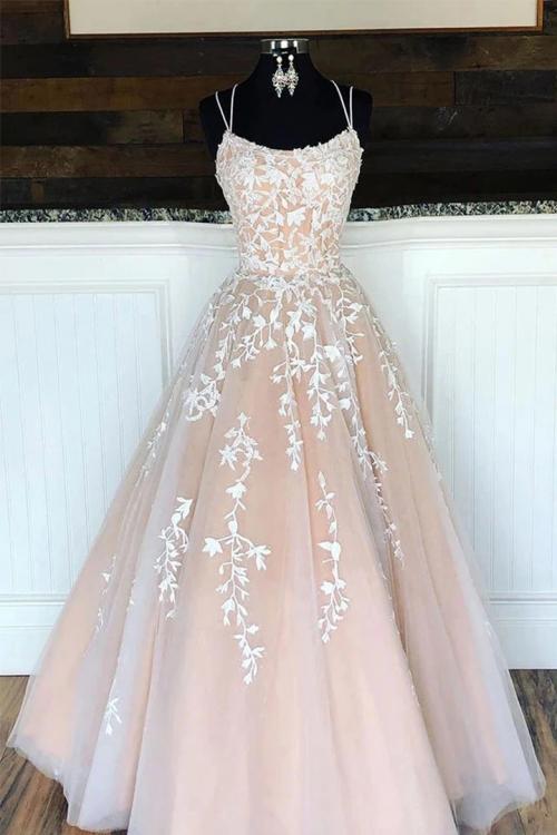  Elegant A-line Sleeveless Lace Appliques Floor-length Long Tulle Prom Dress