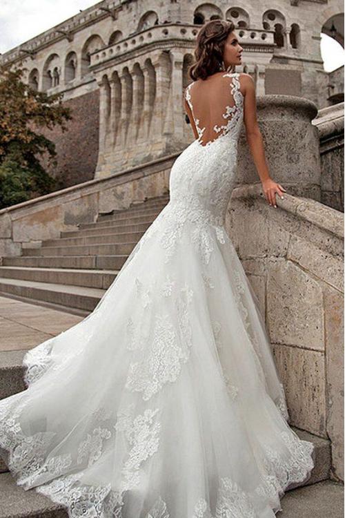 Vintage Inspired Illusion Neck Sheer Open Back Long Fit Flared Lace Organza Wedding Dress 