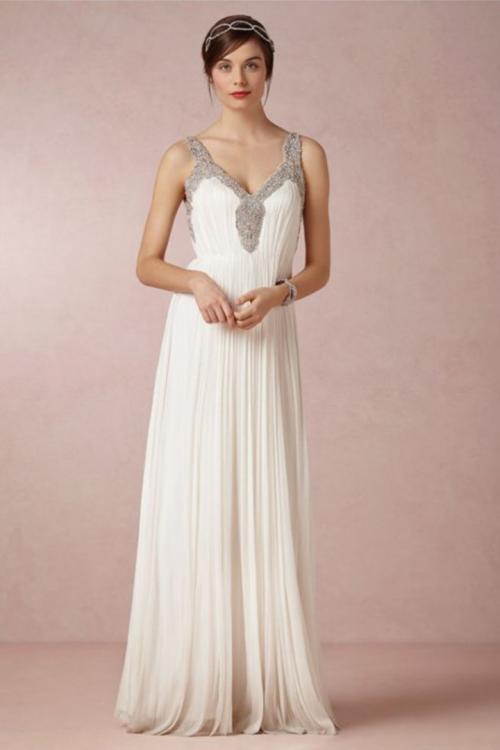  A-line Shoulder Straps Sleeveless Beading Ruching Floor-length Long Chiffon Wedding Dresses with Open Back