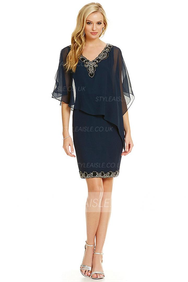 V-neck Half-Sleeves Beaded Short/Mini Chiffon Mother of the Bride Dresses