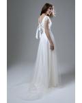 Short Sleeved V Neck Long Satin and Tulle Wedding Dress 