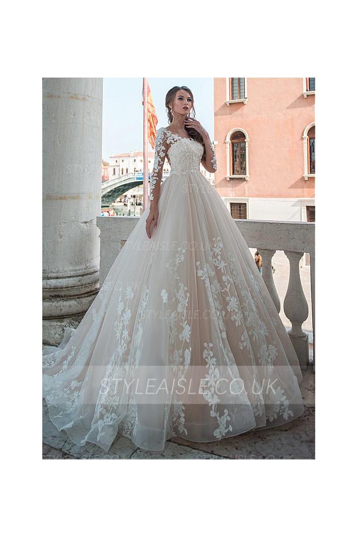 Beautiful Illusion Neck Ball Gown Long Sleeves Lace overlay Tulle Wedding Dress