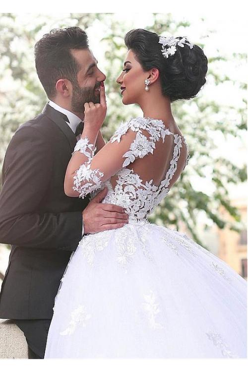 Lace Sleeves Long Ball Gown Tulle Wedding Dress 