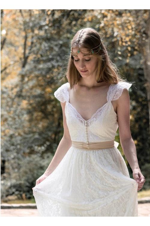 Boho Queen Anne Neck Cap Sleeved Lace Pattern Wedding Dress with Ribbon 