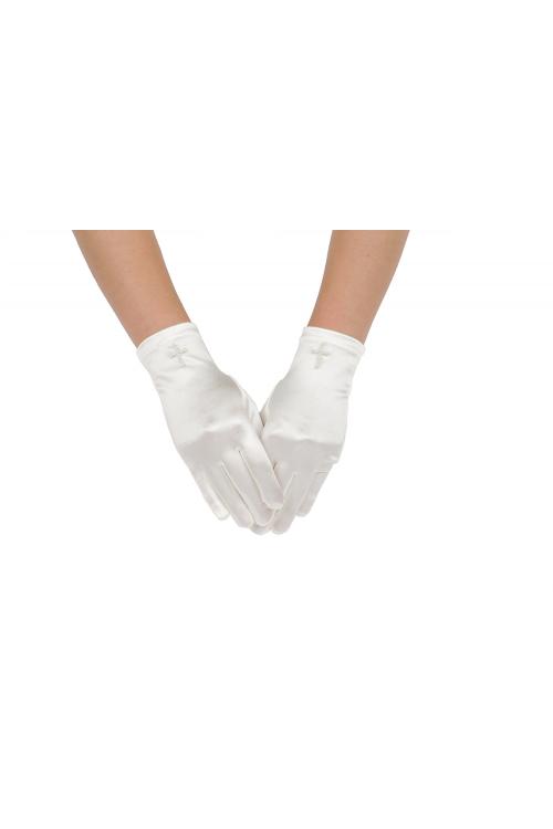 Long White Satin Pearl Communion Wedding Gloves 